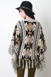 Tassel Hem Marled Knit Round Neck Pattern Poncho