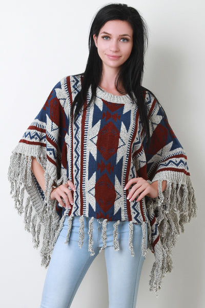 Tassel Hem Marled Knit Round Neck Pattern Poncho