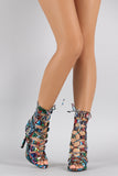 Liliana Graffiti Caged Lace Up Heel