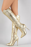 Liliana Metallic Quilted Patterned Stitch Pointy Toe Stiletto Boots