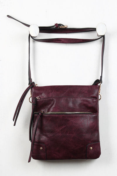 Triple Zip Vegan Leather Crossbody Bag