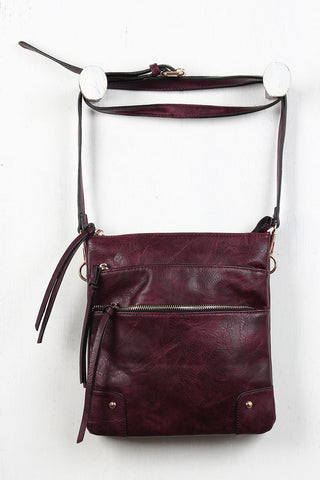 Triple Zip Vegan Leather Crossbody Bag