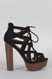 Qupid Snake Caged Lace Up Platform Chunky Heel