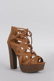 Qupid Snake Caged Lace Up Platform Chunky Heel