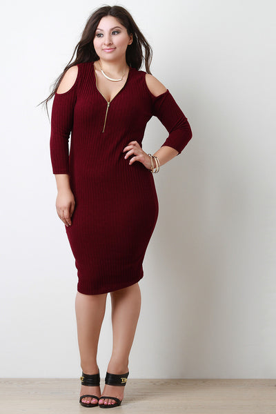 Ribbed Cold Shoulder Quarter Sleeve Dress