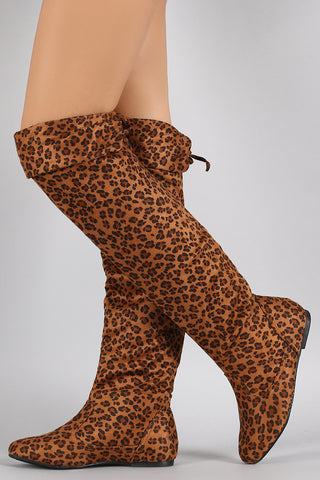 Leopard Print Round Toe Cuff Bow Tie Over-The-Knee Flat Boots