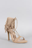 Suede Layered Fringe Lace Up Open Toe Heel