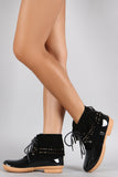 Studded Fringe Cuff Lace Up Duck Ankle Boots