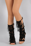 Qupid Suede Fringe Strappy Buckled Gladiator Flat Sandal