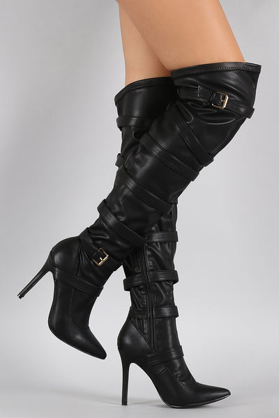 Pointy Toe Buckled Straps Stiletto Over-The-Knee Boots