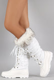 Faux Fur Cuff Lace Up Nylon Knee High Boots