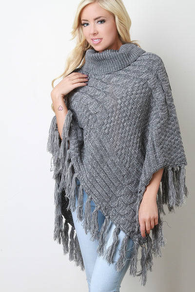 Mixed Cable Knit Turtleneck Tassel Hem Poncho