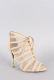 Qupid Mesh Lace Up Peep Toe Stiletto Heel