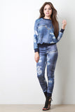 Distress Denim Print Top