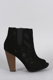 Qupid Perforated Suede Peep Toe Chunky Heeled Booties