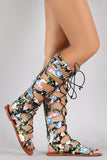 Floral Strappy Cutout Lace Up Open Toe Gladiator Flat Sandal