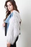 Suede And Denim Panel Fur Sleeves Coat