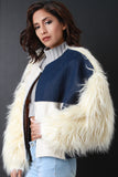 Suede And Denim Panel Fur Sleeves Coat