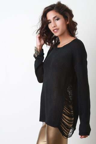 Side Frayed Knitted Sweater Top