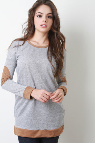 Suede Accent Long Sleeve Knit Top