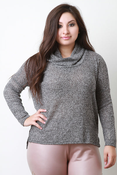 Marled Knit Cowl Neck Long Sleeves Slit Sweater Top