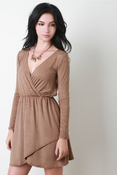 Faux Suede Long Sleeve Surplice Skater Dress