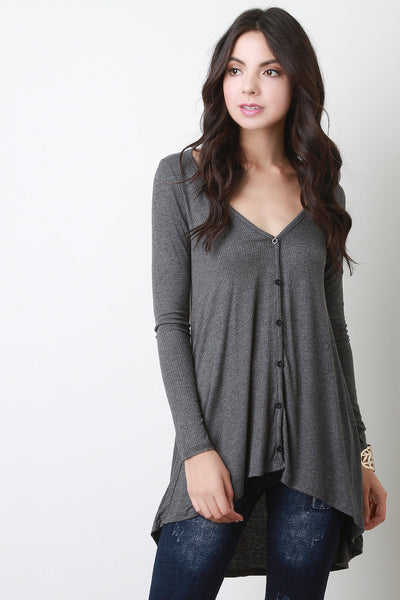 High Low Button Up Ribbed Knit Top