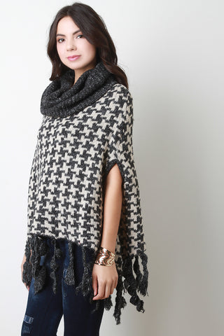 Houndstooth Cowl Neck Knit Cape