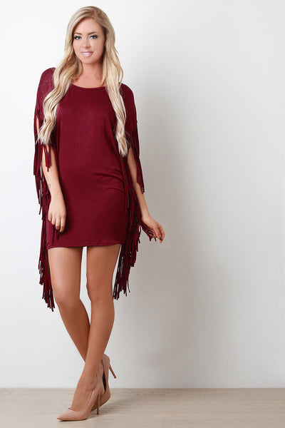 Jersey Knit Fringe Mini Poncho Dress