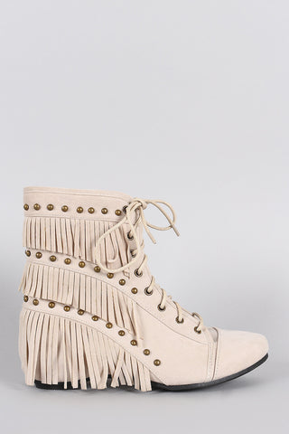 Suede Studded Fringe Lace Up Hidden Wedge Booties