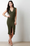 Sleeveless Ribbed Front Slit Midi Dress