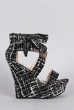 Bamboo Abstract Print Side Bow Crisscross Open Toe Platform Wedge