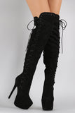 Suede Corset Lace Up Metal Eyelet Chunky Hidden Platform Stiletto Boots