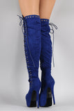 Suede Corset Lace Up Metal Eyelet Chunky Hidden Platform Stiletto Boots