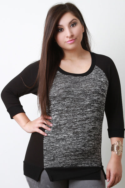 Marl Front Quarter Sleeve Raglan Top