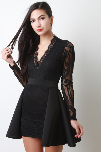 Scuba Peplum V-Neck Lace Dress