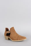 Qupid Perforated Suede Buckled Cutout Cowgirl Ankle Boots