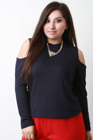 Marled Knit Cowl Neck Long Sleeves Cold Shoulder Top