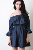 Chambray Off Shoulder Flounce Sleeve Dress