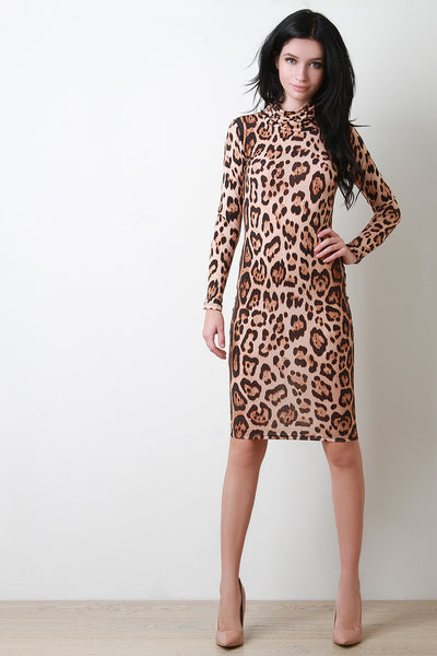Leopard Print Turtleneck Midi Dress