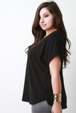 Textured Knit Zipper V-Neck Short Sleeve Top