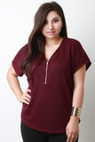 Textured Knit Zipper V-Neck Short Sleeve Top