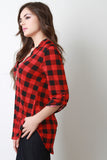 Plaid Pattern Split V-Neck Long Roll Sleeves Top