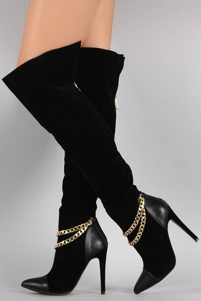 Liliana Velvet Double Chain Pointy Toe Stiletto Boots