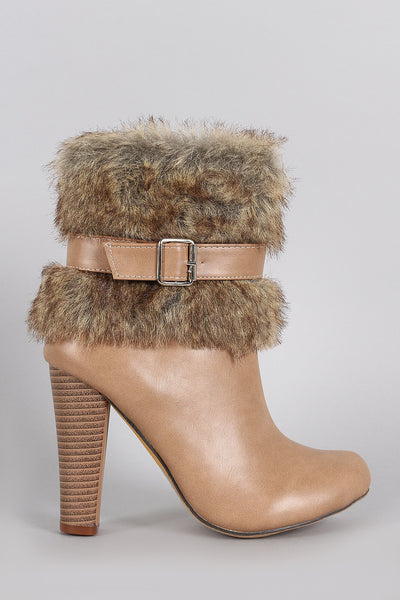 Faux Fur Buckle Almond Toe Ankle Bootie