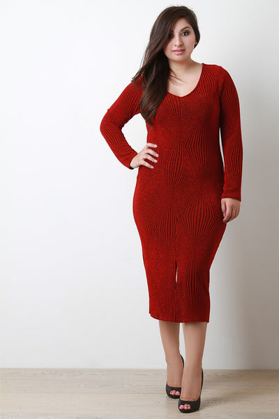 Glitter Textured Pattern Long Sleeves Bodycon Midi Dress