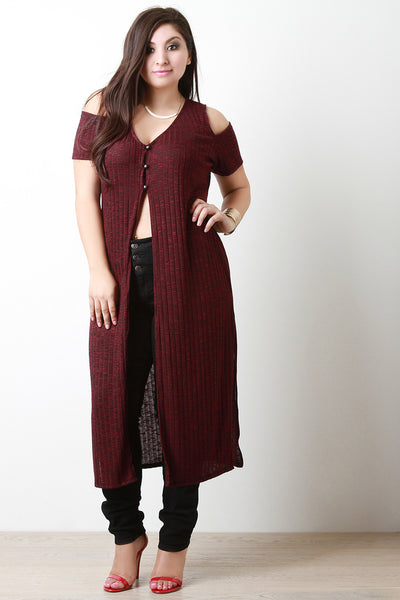 Marled Knit Short Sleeves Cold Shoulder Maxi Top