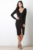 Front Slit Horizontal Ribbed Knit Midi Dress