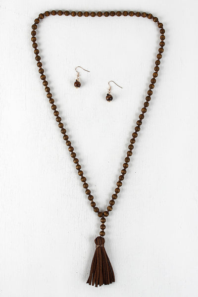 Faux Suede Tassel Wood Bead Necklace