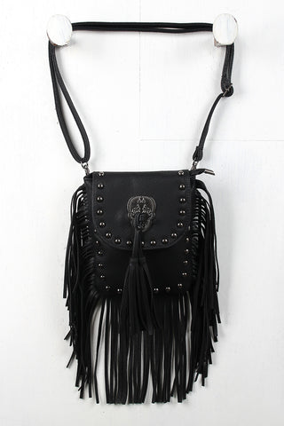Filigree Pendant Studded Leather Fringe Bag
